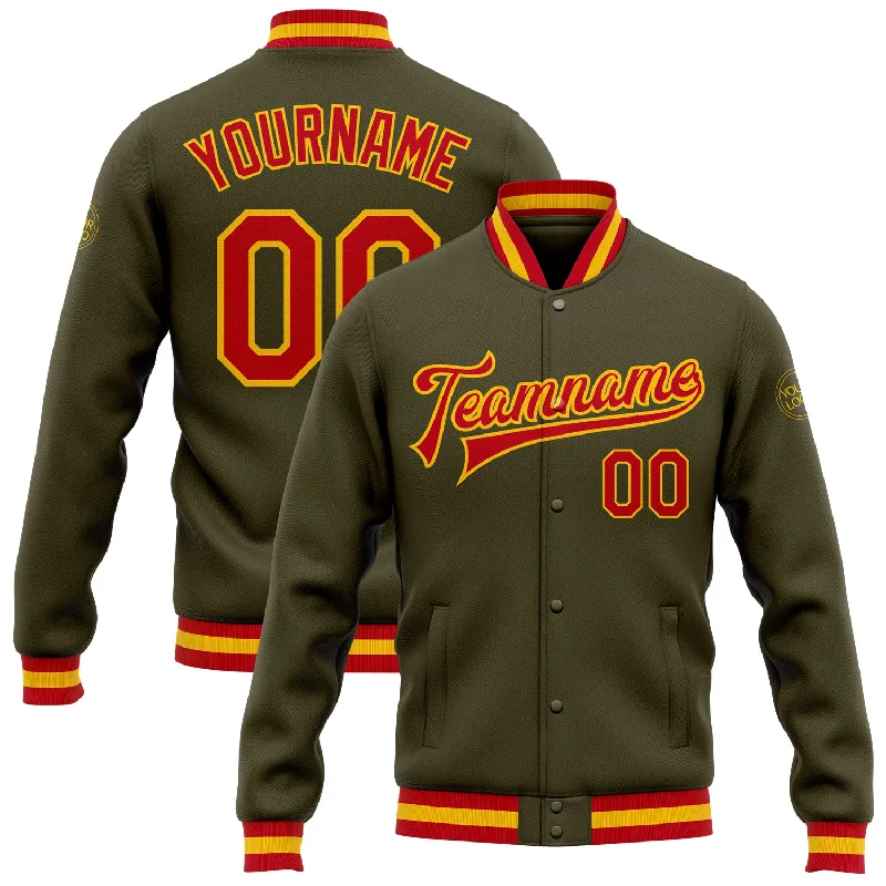 Fishing reel drag rack-Custom Olive Red-Gold Bomber Full-Snap Varsity Letterman Salute To Service Jacket