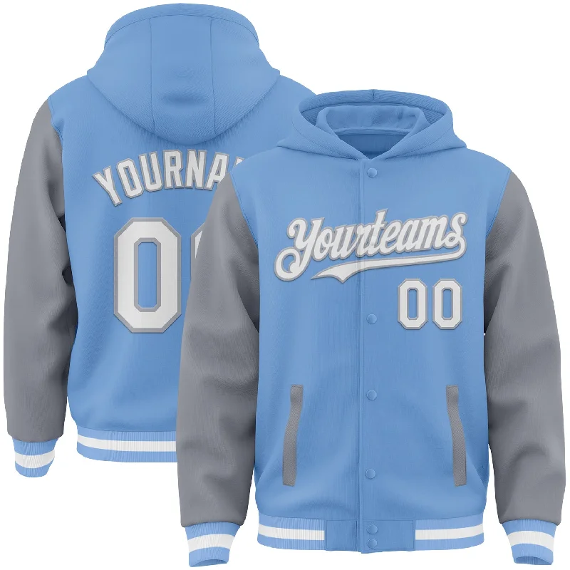 Fishing line knotting rack-Custom Light Blue White-Gray Bomber Full-Snap Varsity Letterman Two Tone Hoodie Jacket