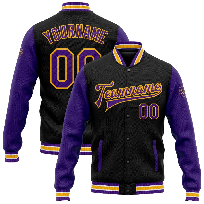 Fishing hook bending rack-Custom Black Purple-Gold Bomber Full-Snap Varsity Letterman Two Tone Jacket