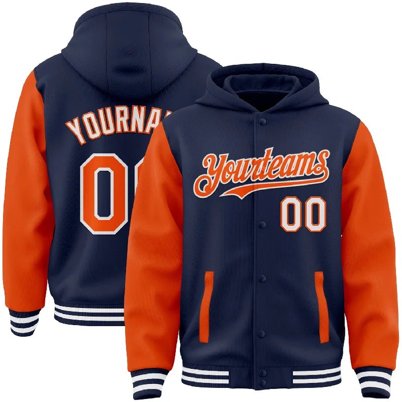 Fishing pliers with pouch-Custom Navy Orange-White Bomber Full-Snap Varsity Letterman Two Tone Hoodie Jacket