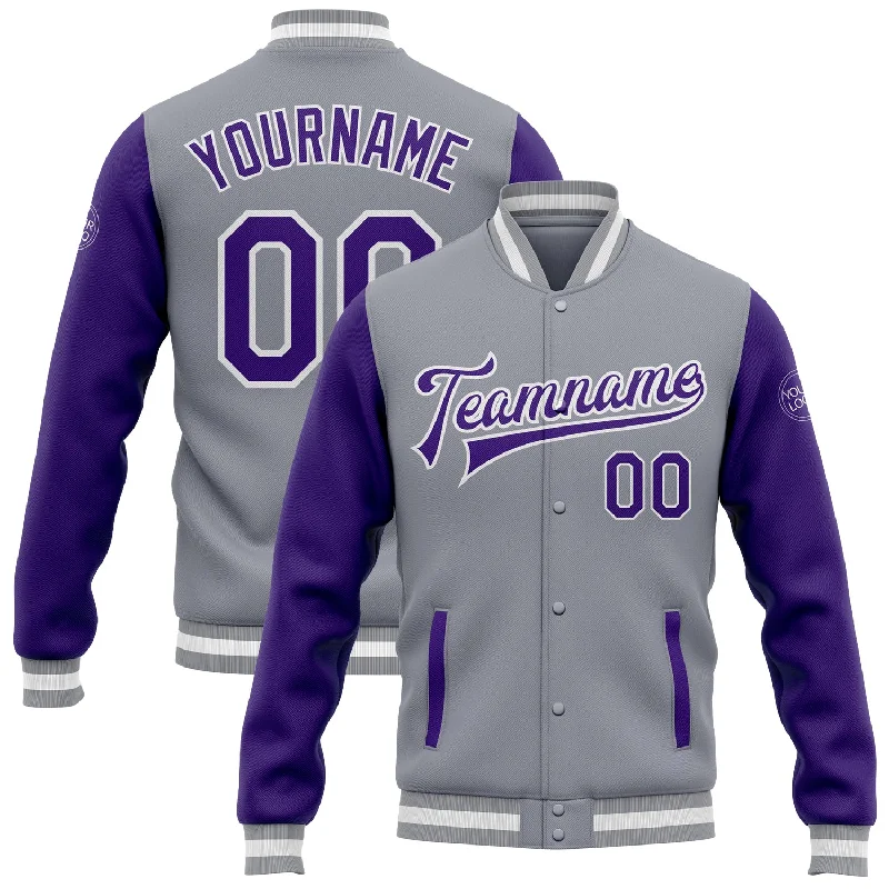 Fishing reel spooler rack-Custom Gray Purple-White Bomber Full-Snap Varsity Letterman Two Tone Jacket