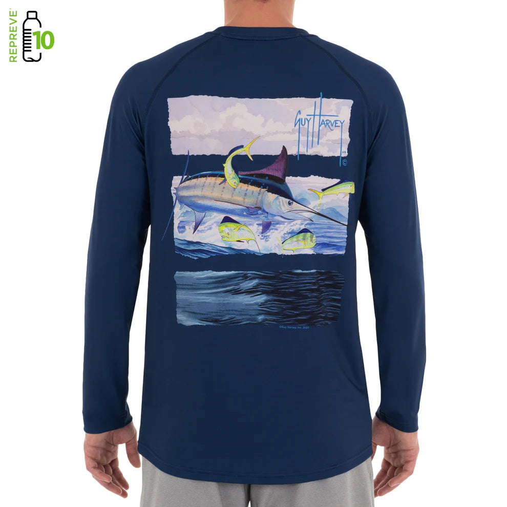 Fishing pliers ergonomic grip-Guy Harvey Men's Marlin Stripes Raglan Sleeve Sun Protection Top Estate Blue