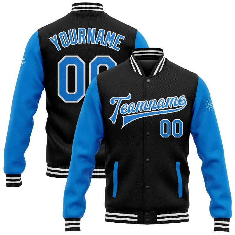 Fishing bait cutting holder-Custom Black Powder Blue-White Bomber Full-Snap Varsity Letterman Two Tone Jacket