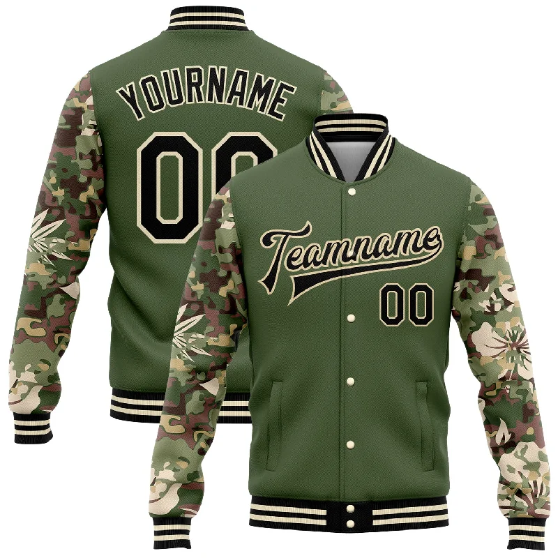 Fishing tackle travel holder-Custom Olive Black-Cream Hawaii Palm Leaves Camo Sleeves 3D Bomber Full-Snap Varsity Letterman Salute To Service Jacket