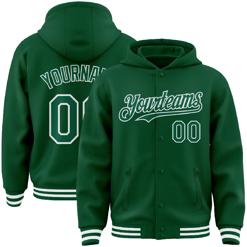 Fishing rod securing rack-Custom Kelly Green White Bomber Full-Snap Varsity Letterman Hoodie Jacket