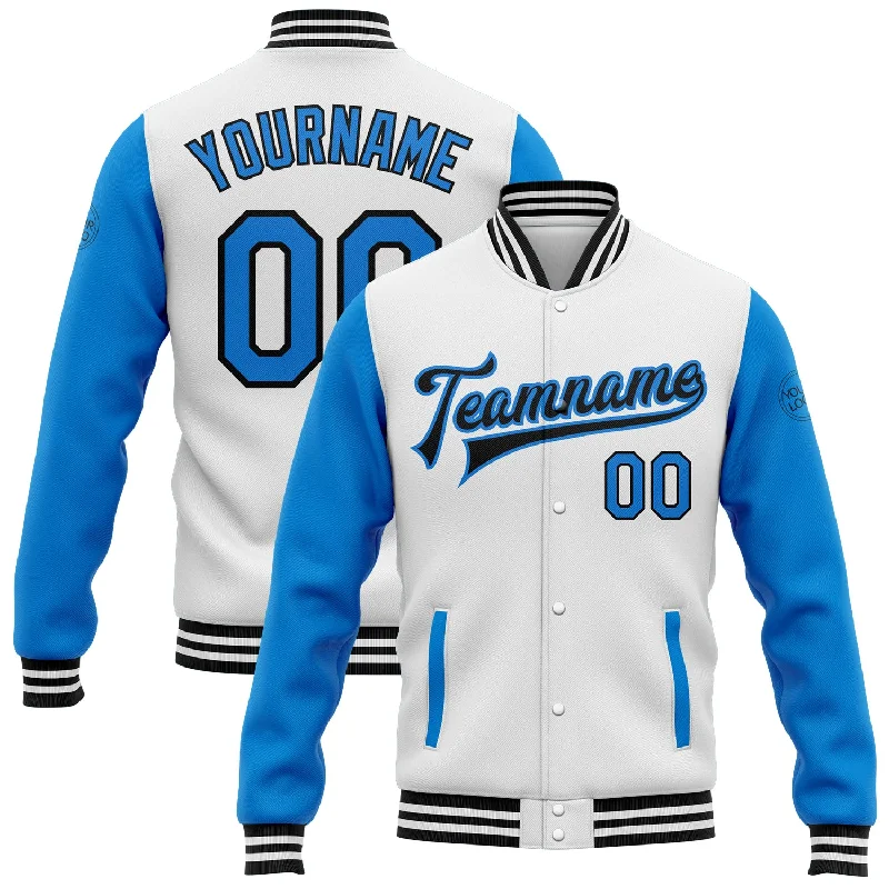 Fishing line braiding clamp-Custom White Powder Blue-Black Bomber Full-Snap Varsity Letterman Two Tone Jacket