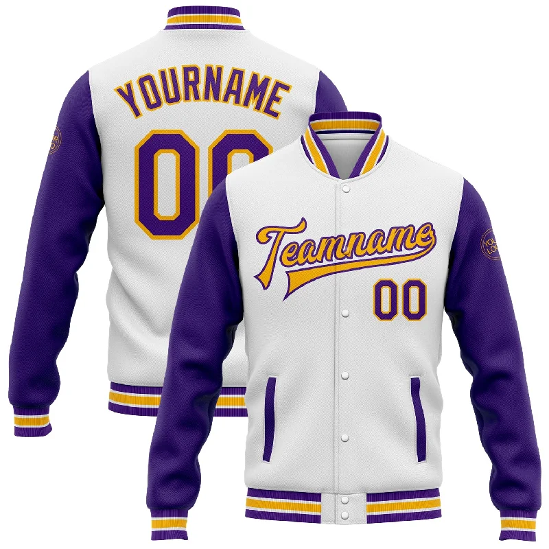 Fishing tackle modular holder-Custom White Purple-Gold Bomber Full-Snap Varsity Letterman Two Tone Jacket