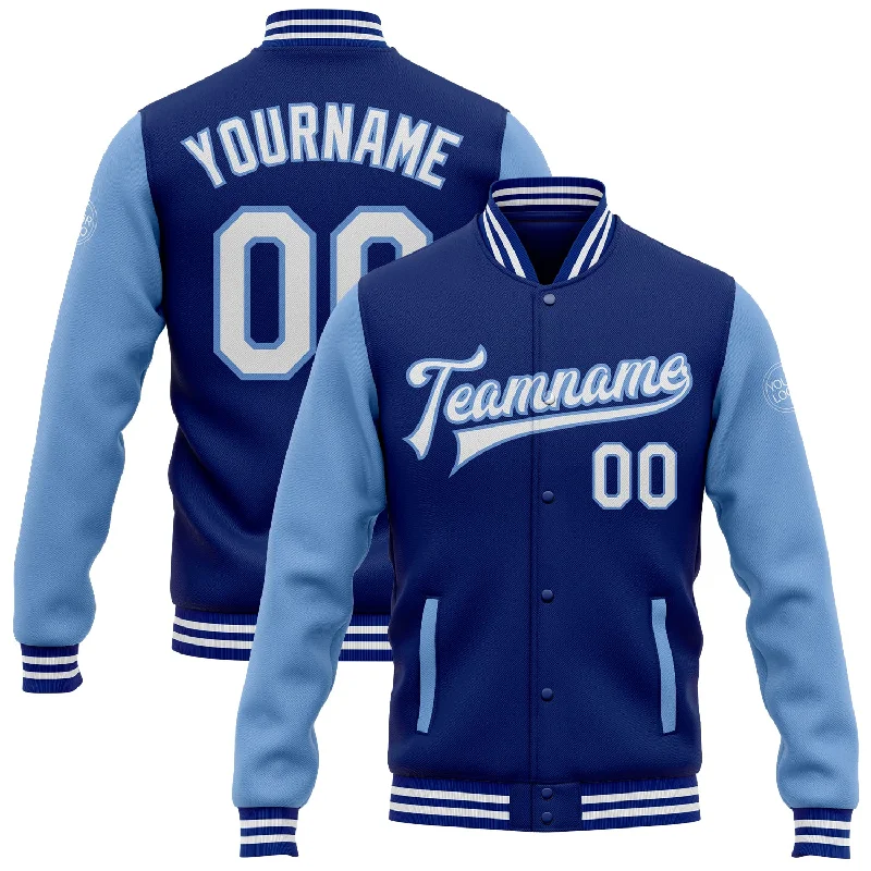 Fishing tackle stacking rack-Custom Royal White-Light Blue Bomber Full-Snap Varsity Letterman Two Tone Jacket