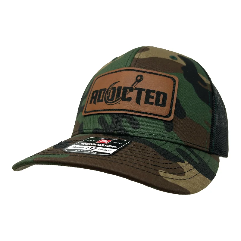 Fishing reel drag stand-Addicted Classic Leather Patch Camo Trucker Hat