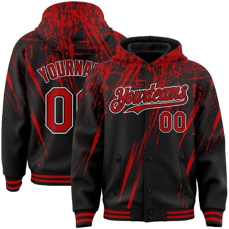 Fishing tackle waterproof rack-Custom Black Red-White Splash 3D Pattern Design Bomber Full-Snap Varsity Letterman Hoodie Jacket