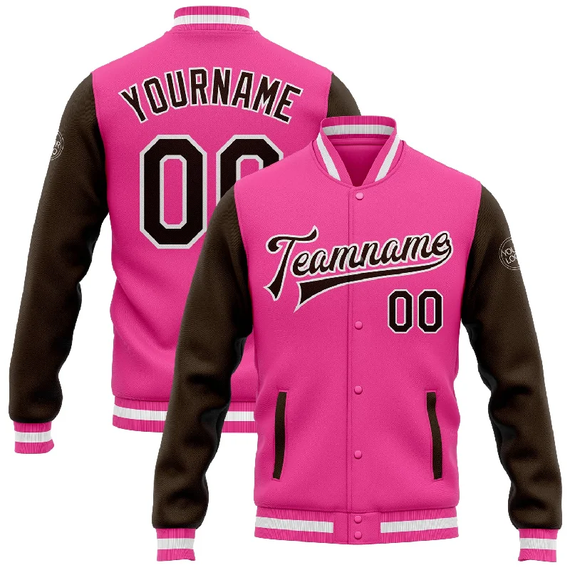 Fishing bait freezing holder-Custom Pink Brown-White Bomber Full-Snap Varsity Letterman Two Tone Jacket