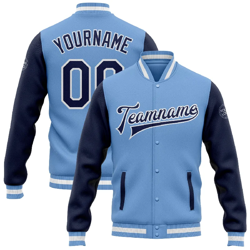 Fishing pliers with clip lock-Custom Light Blue Navy-White Bomber Full-Snap Varsity Letterman Two Tone Jacket