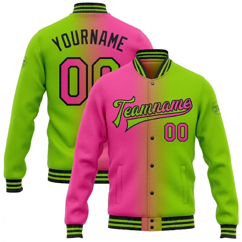 Fishing pliers with tether-Custom Neon Green Pink-Black Bomber Full-Snap Varsity Letterman Gradient Fashion Jacket