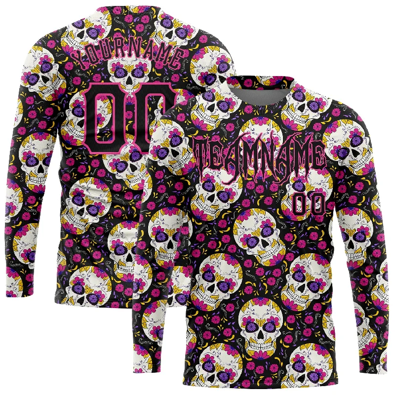 Fishing pliers with clip lock-Custom 3D Pattern Halloween Skulls With Floral Long Sleeve Performance T-Shirt