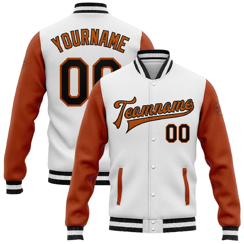 Fishing line knot holder-Custom White Black-Texas Orange Bomber Full-Snap Varsity Letterman Two Tone Jacket