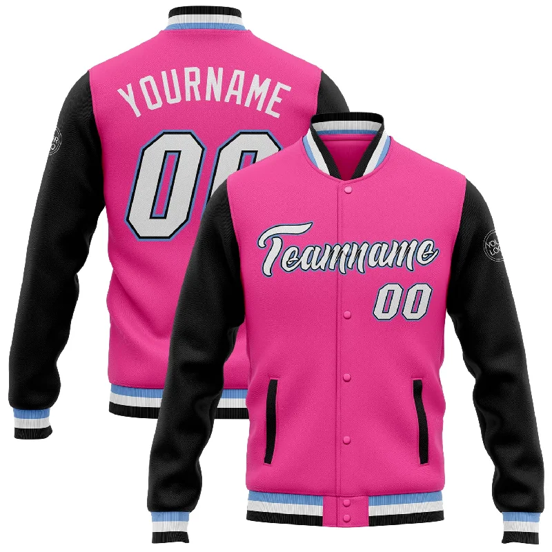 Fishing rod extension clamp-Custom Pink White Black-Light Blue Bomber Full-Snap Varsity Letterman Two Tone Jacket