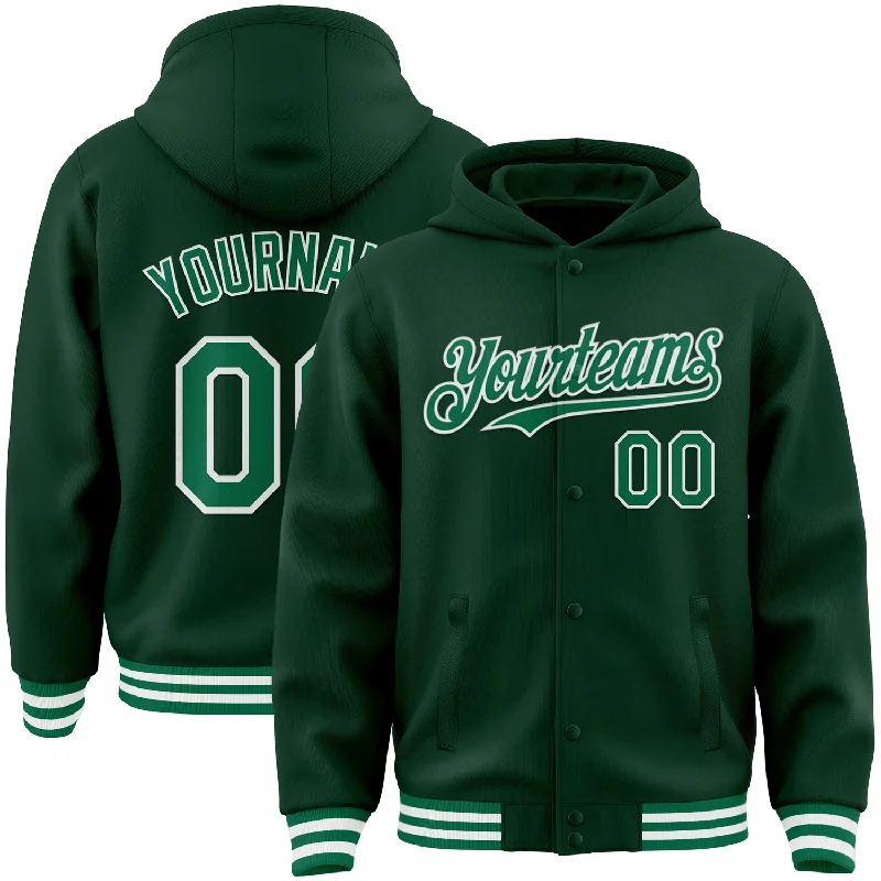 Fishing tackle modular stand-Custom Green Kelly Green-White Bomber Full-Snap Varsity Letterman Hoodie Jacket