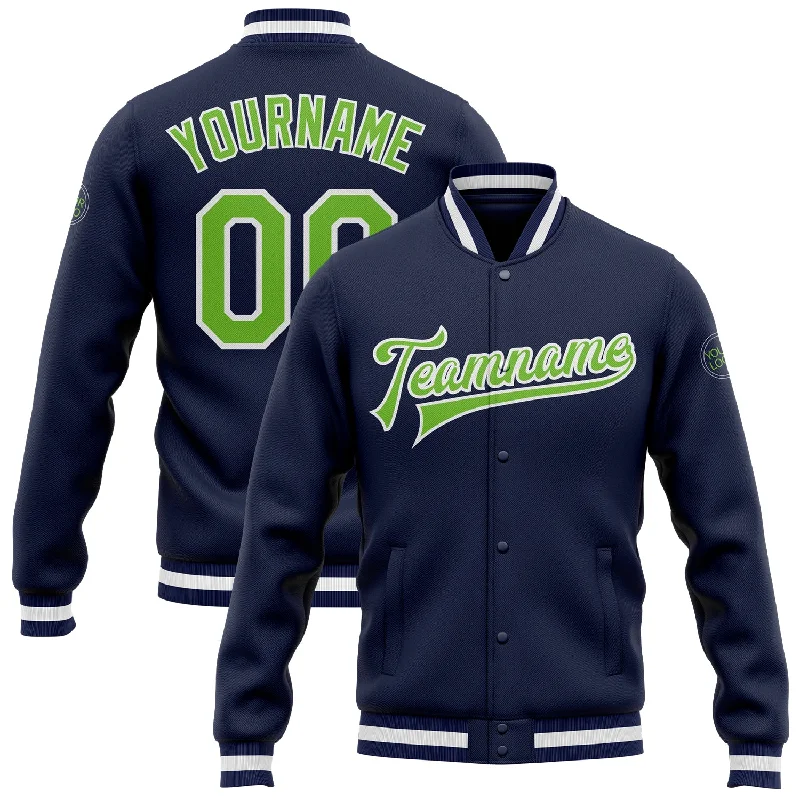 Fishing line knotting clamp-Custom Navy Neon Green-White Bomber Full-Snap Varsity Letterman Jacket