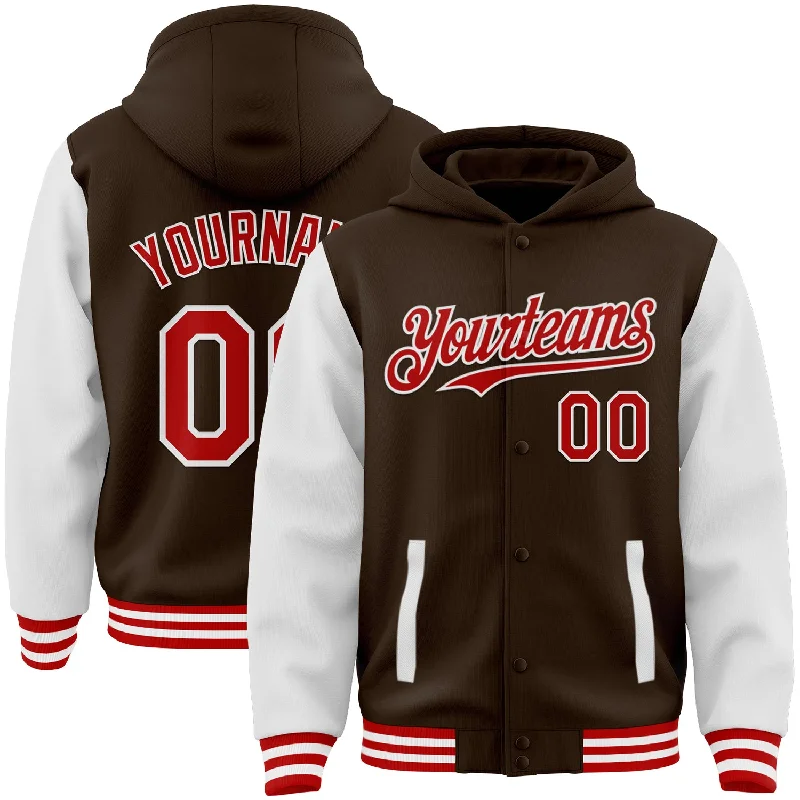 Fishing reel line rack-Custom Brown Red-White Bomber Full-Snap Varsity Letterman Two Tone Hoodie Jacket