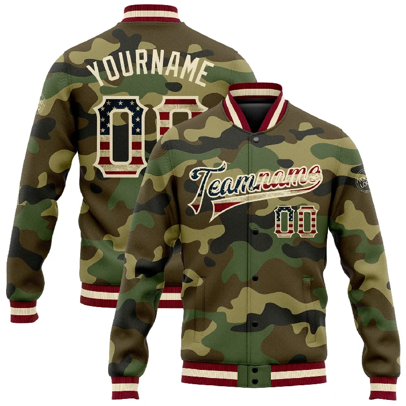 Fishing bait weighing clamp-Custom Camo Vintage USA Flag Cream-Maroon Bomber Full-Snap Varsity Letterman Salute To Service Jacket