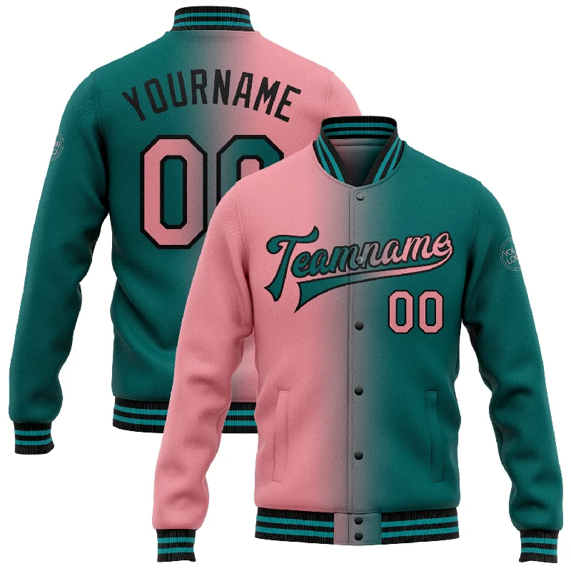 Fishing line splicing holder-Custom Teal Medium Pink-Black Bomber Full-Snap Varsity Letterman Gradient Fashion Jacket