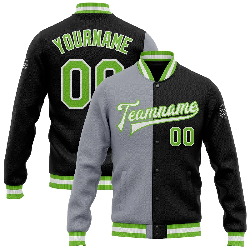 Fishing hook tension rack-Custom Black Neon Green-Gray Bomber Full-Snap Varsity Letterman Split Fashion Jacket