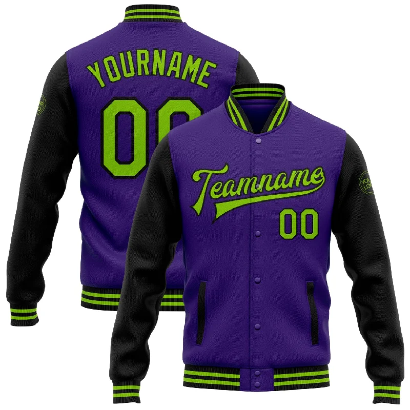 Fishing line twisting rack-Custom Purple Neon Green-Black Bomber Full-Snap Varsity Letterman Two Tone Jacket