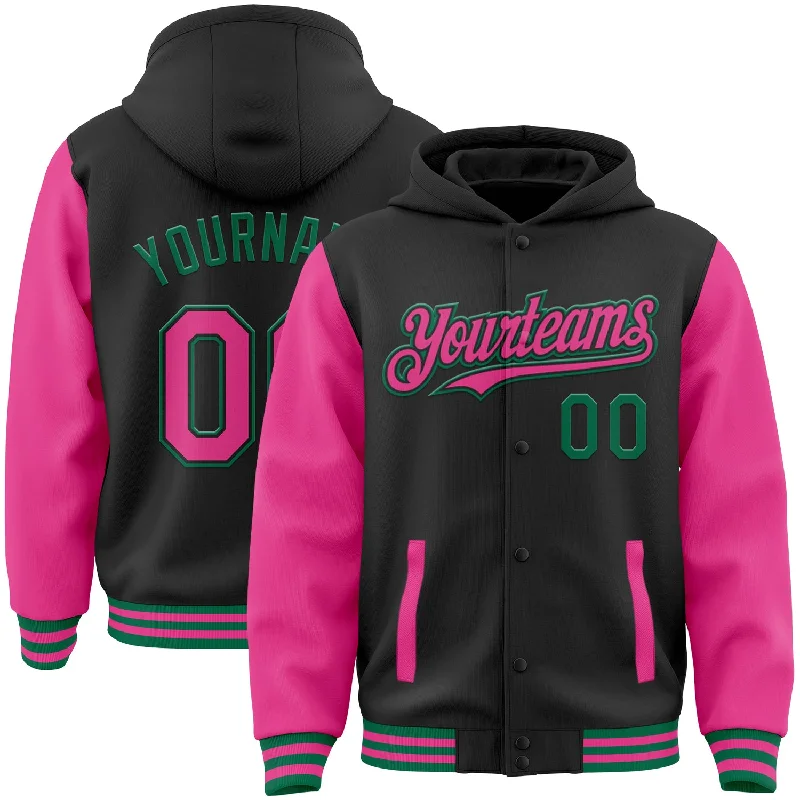 Fishing pliers with hook clamp-Custom Black Pink-Kelly Green Bomber Full-Snap Varsity Letterman Two Tone Hoodie Jacket