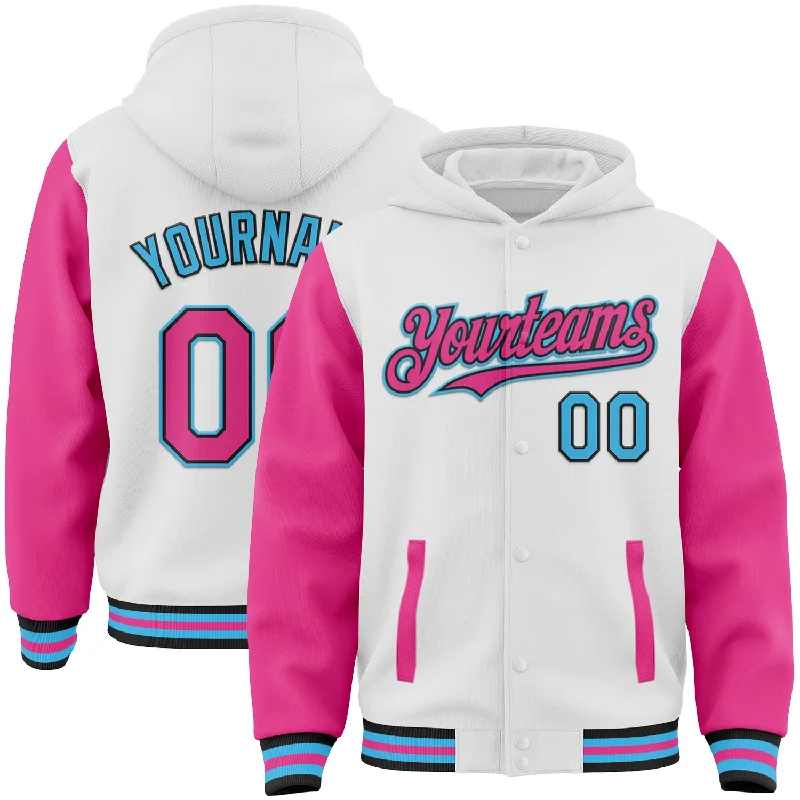 Fishing tackle compact clamp-Custom White Pink Black-Sky Blue Bomber Full-Snap Varsity Letterman Two Tone Hoodie Jacket