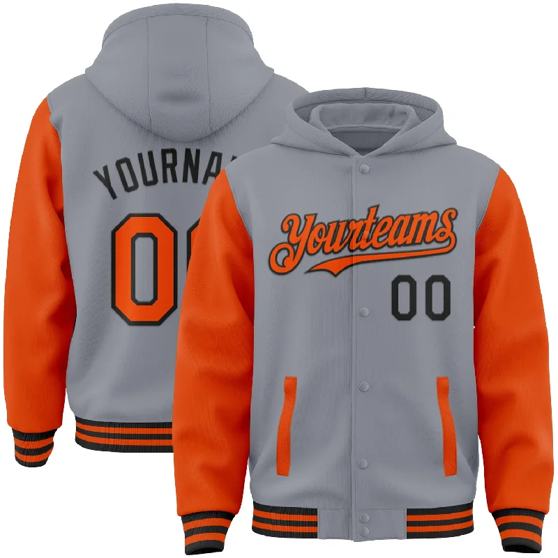 Fishing tackle foldable rack-Custom Gray Orange-Black Bomber Full-Snap Varsity Letterman Two Tone Hoodie Jacket