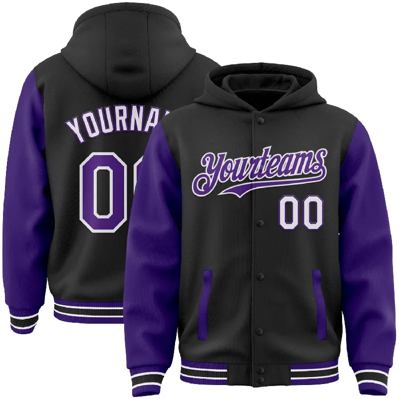 Fishing bait drying stand-Custom Black Purple-White Bomber Full-Snap Varsity Letterman Two Tone Hoodie Jacket