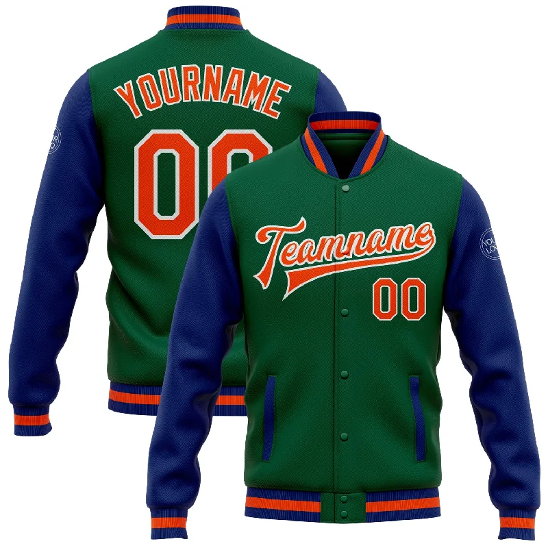 Fishing tackle rolling holder-Custom Kelly Green Orange-Royal Bomber Full-Snap Varsity Letterman Two Tone Jacket