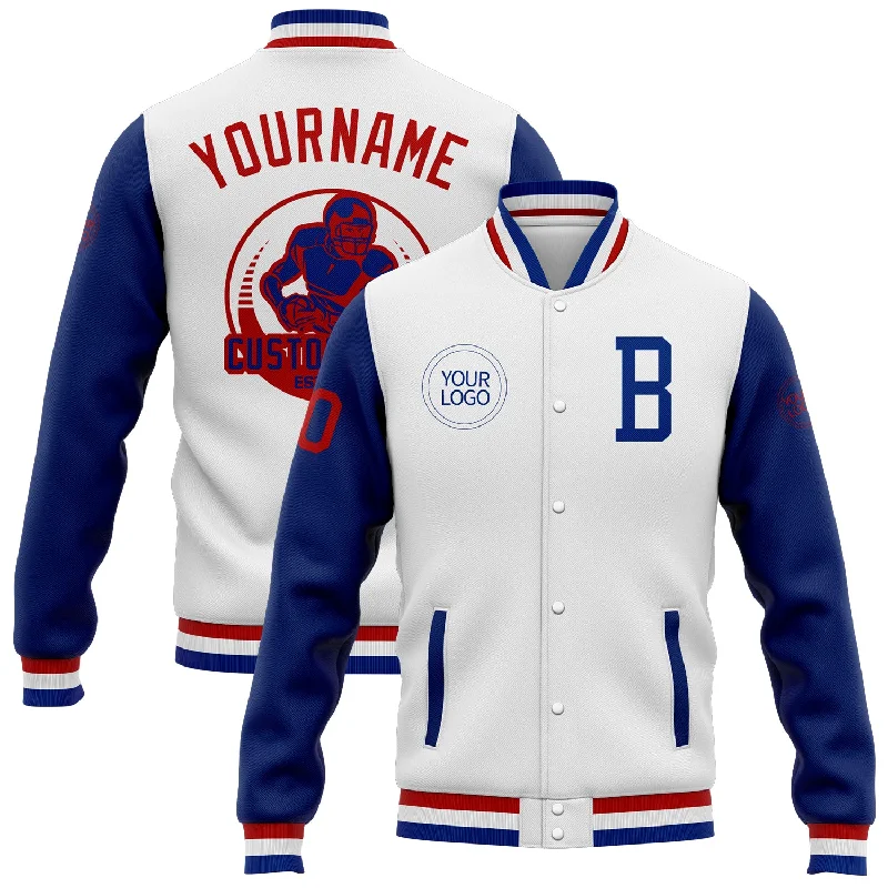 Fishing tackle foldable clamp-Custom White Royal-Red Bomber Full-Snap Varsity Letterman Two Tone Jacket