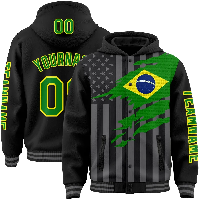 Fishing hook angle rack-Custom Black Grass Green Light Yellow-Gray Brasil Brazilian Flag 3D Bomber Full-Snap Varsity Letterman Hoodie Jacket