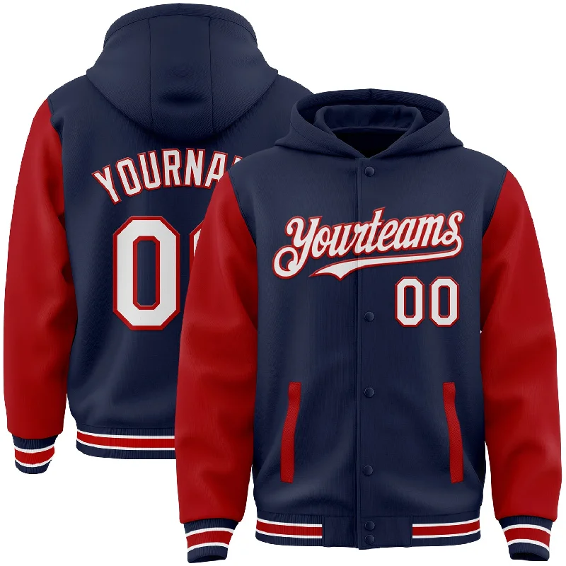 Fishing tackle foldable stand-Custom Navy White-Red Bomber Full-Snap Varsity Letterman Two Tone Hoodie Jacket