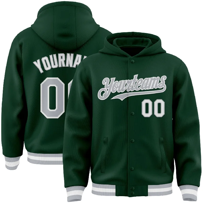 Fishing hook bending rack-Custom Green Gray-White Bomber Full-Snap Varsity Letterman Hoodie Jacket