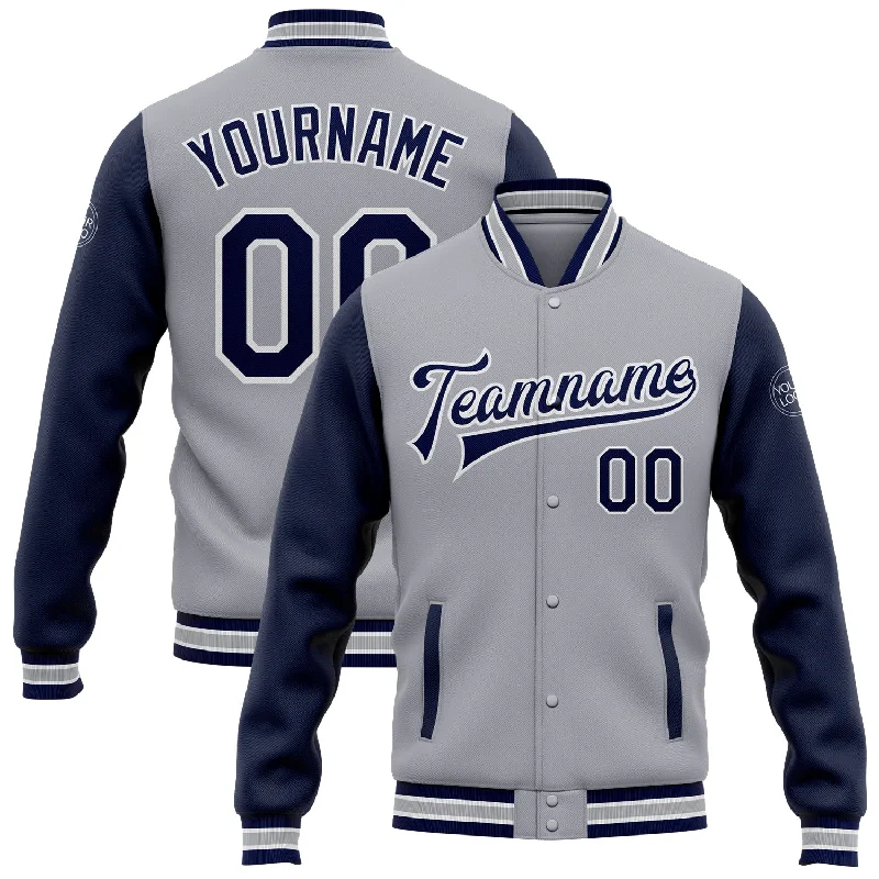 Fishing line twisting stand-Custom Gray Navy-White Bomber Full-Snap Varsity Letterman Two Tone Jacket