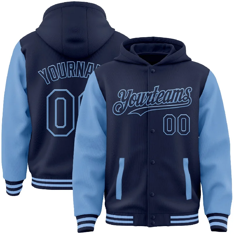 Fishing line loop clamp-Custom Navy Light Blue Bomber Full-Snap Varsity Letterman Two Tone Hoodie Jacket