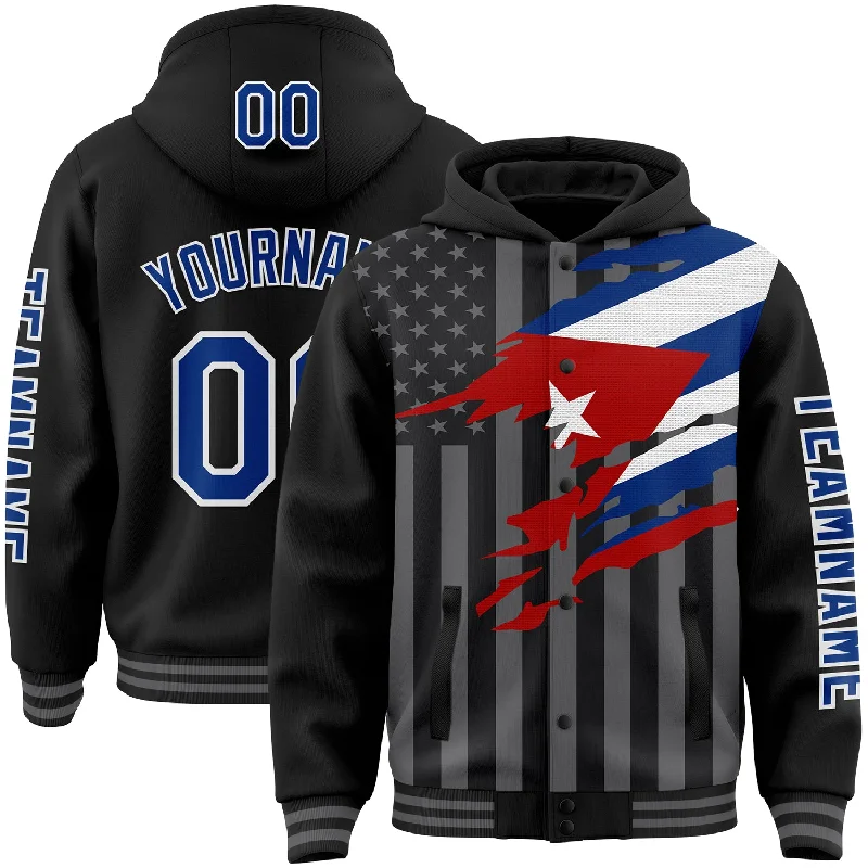 Fishing pliers with hook rack-Custom Black Royal-Gray Cuba Cuban Flag 3D Bomber Full-Snap Varsity Letterman Hoodie Jacket