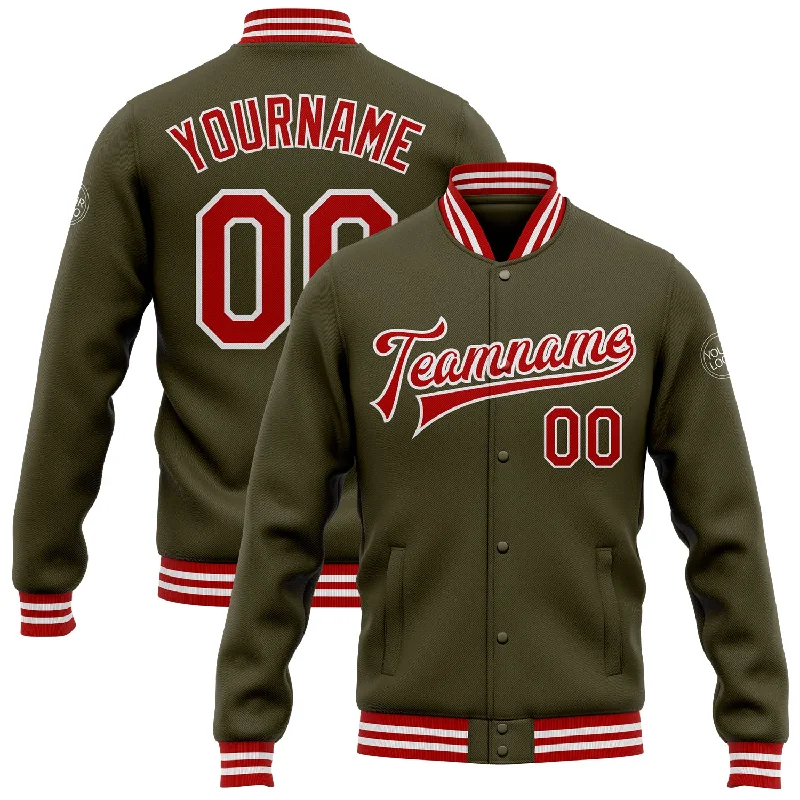 Fishing hook angle stand-Custom Olive Red-White Bomber Full-Snap Varsity Letterman Salute To Service Jacket