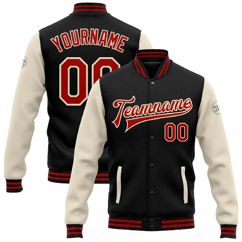 Fishing pliers with jaw clamp-Custom Black Red-Cream Bomber Full-Snap Varsity Letterman Two Tone Jacket