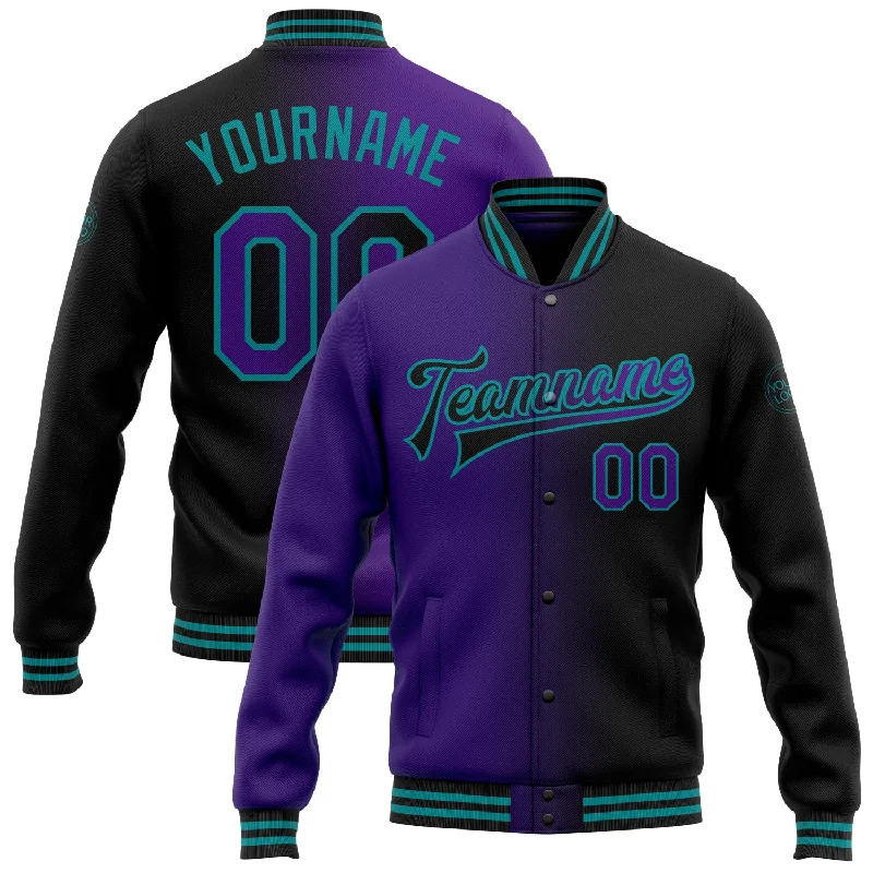 Fishing tackle adjustable stand-Custom Black Purple-Teal Bomber Full-Snap Varsity Letterman Gradient Fashion Jacket