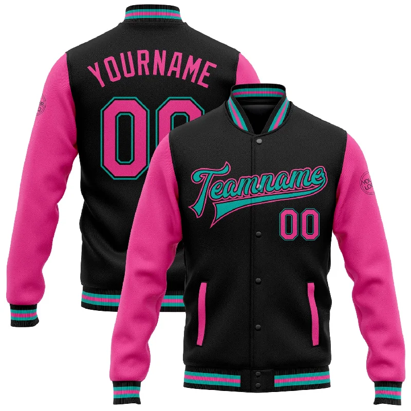 Fishing tackle waterproof holder-Custom Black Pink-Aqua Bomber Full-Snap Varsity Letterman Two Tone Jacket