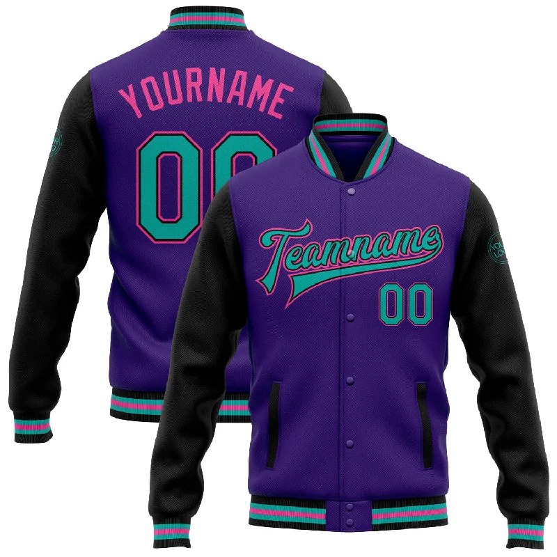 Fishing bait slicing rack-Custom Purple Aqua Black-Pink Bomber Full-Snap Varsity Letterman Two Tone Jacket