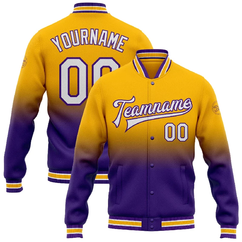 Fishing pliers with tether-Custom Gold White-Purple Bomber Full-Snap Varsity Letterman Fade Fashion Jacket