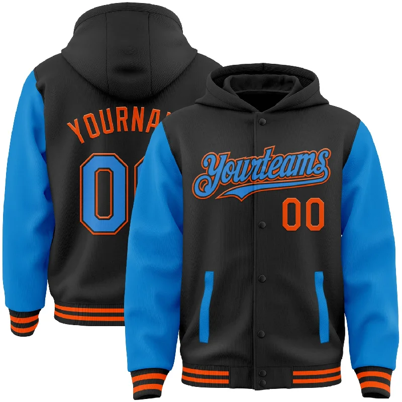 Fishing tackle adjustable stand-Custom Black Powder Blue-Orange Bomber Full-Snap Varsity Letterman Two Tone Hoodie Jacket