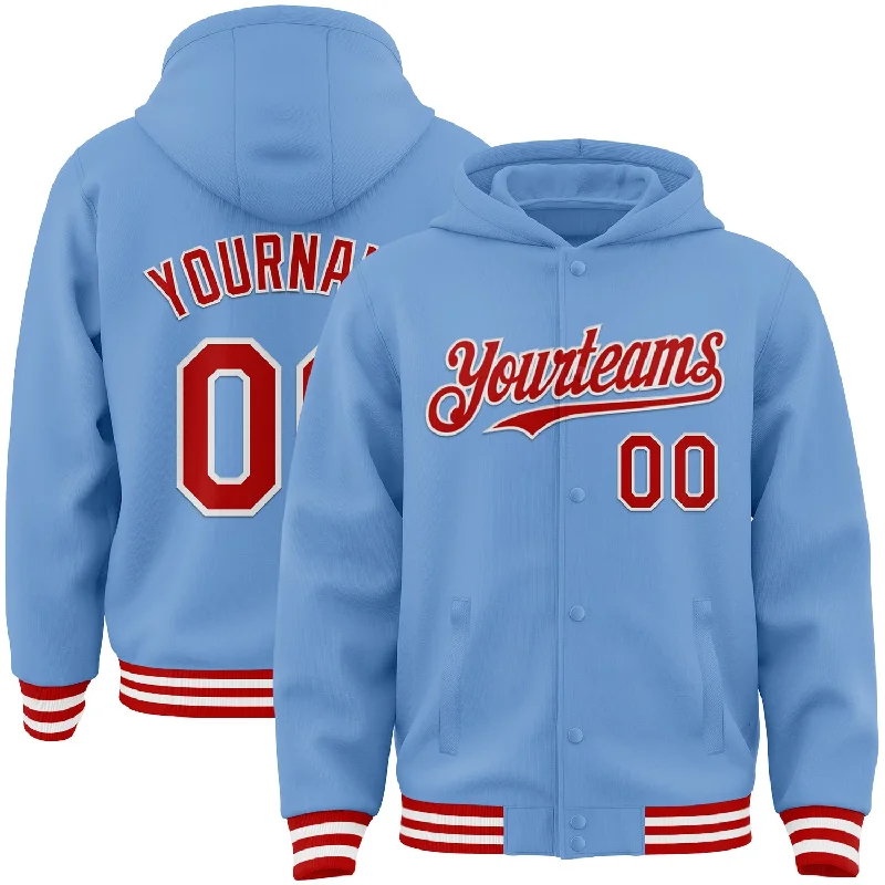 Fishing pliers with jaw rack-Custom Light Blue Red-White Bomber Full-Snap Varsity Letterman Hoodie Jacket