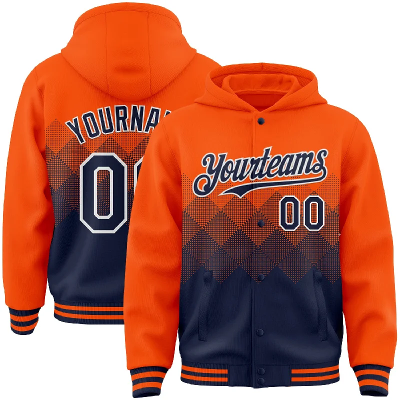 Fishing pliers with jaw rack-Custom Orange Navy-White Gradient Square Shape 3D Pattern Design Bomber Full-Snap Varsity Letterman Hoodie Jacket