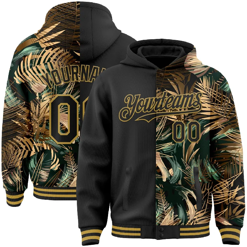 Fishing hook threading clamp-Custom Black Old Gold Tropical Hawaii Jungle Leaves 3D Bomber Full-Snap Varsity Letterman Hoodie Jacket