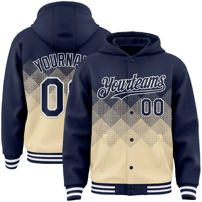 Fishing hook crimping rack-Custom Navy Cream-White Gradient Square Shape 3D Pattern Design Bomber Full-Snap Varsity Letterman Hoodie Jacket